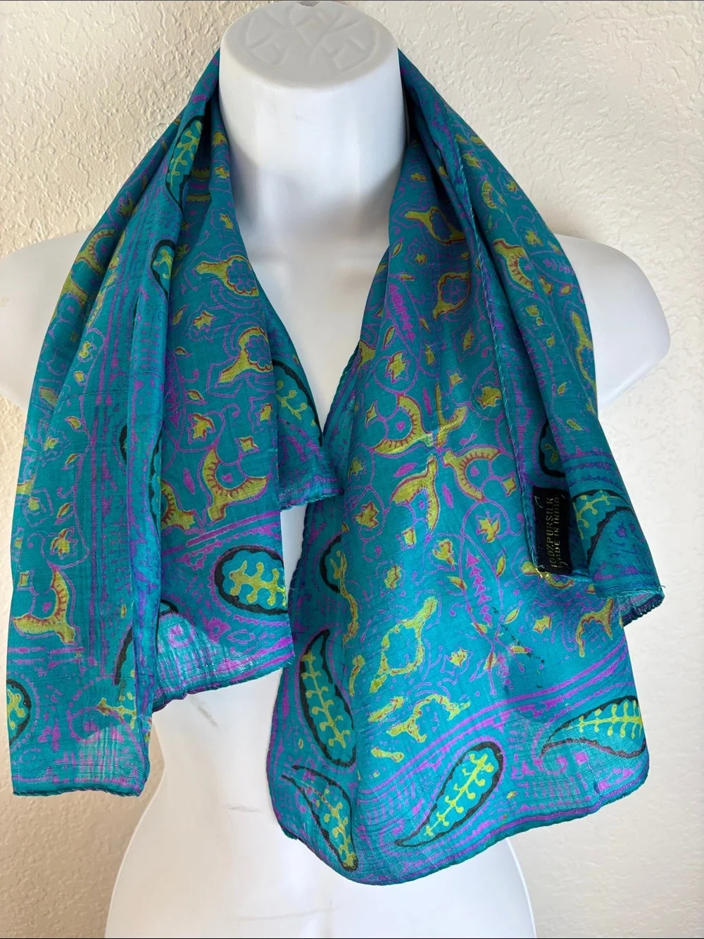 Vibrant 100% Pure Silk Teal Paisley Silk Scarf Yellow & Pink Accents -India
